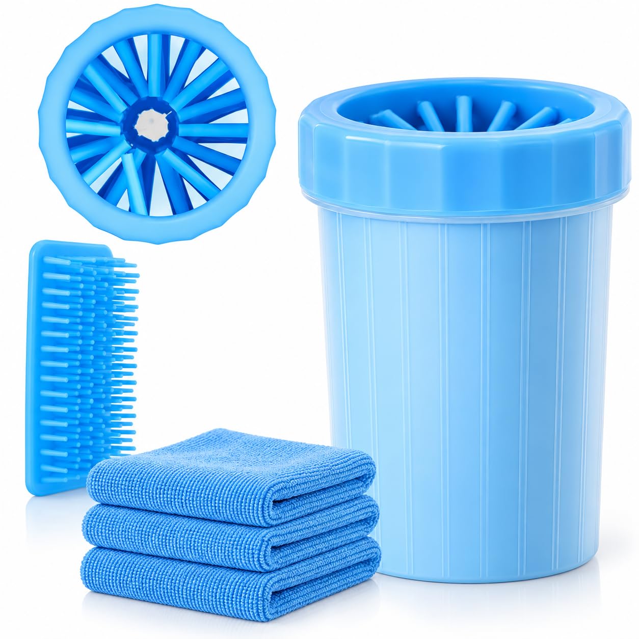 Dog Paw Cleaner - Portable Washer Pet Cleaning Brush for Bathing and Grooming - Removes, Dirt, Mud, Debris - Soft Silicone Bristles Gentle for Pets - Also Includes Microfiber Cloth