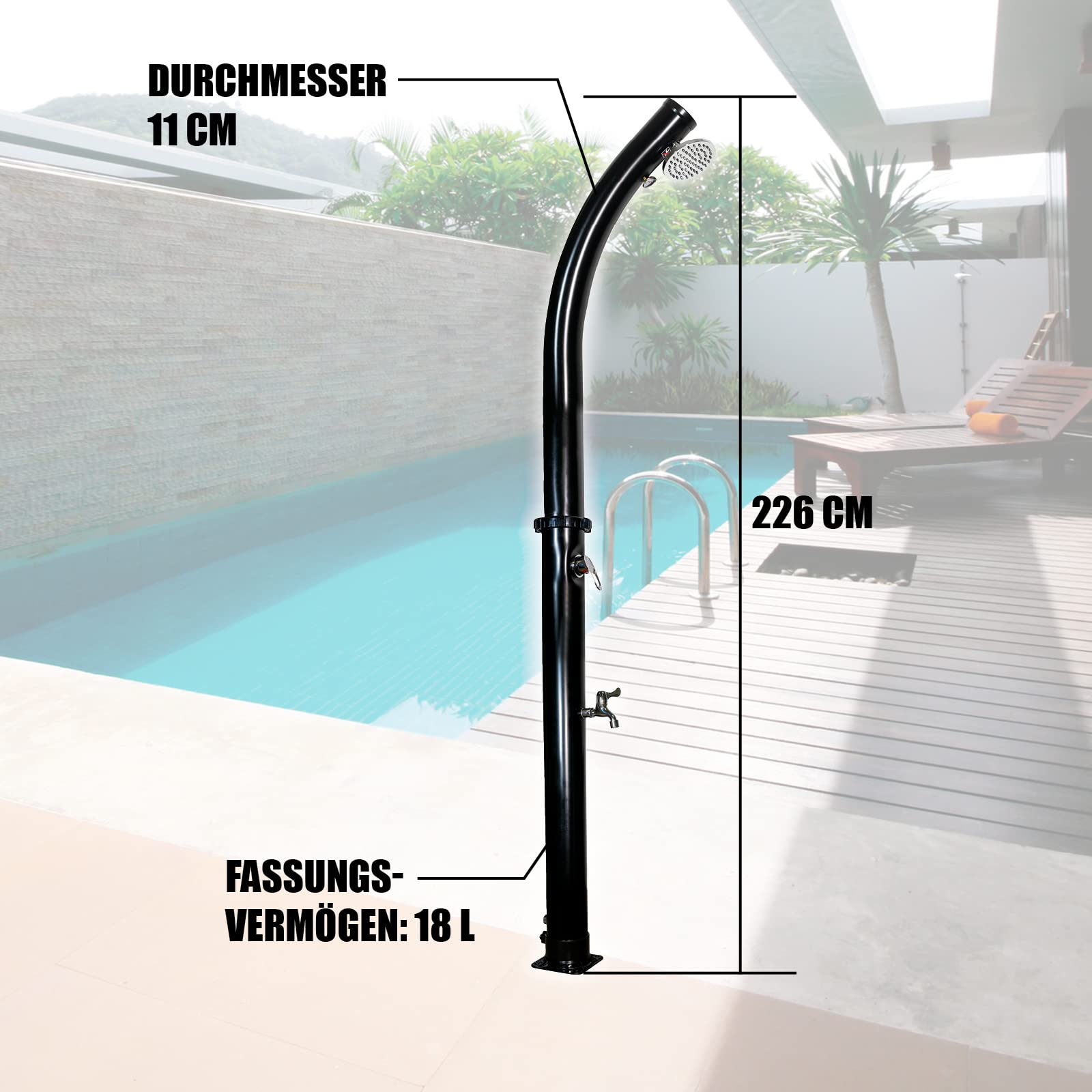 Mauk® Solardusche Camping Gartendusche | Pooldusche mit Wasserhahn & Thermometer | 18 Liter Schwarz