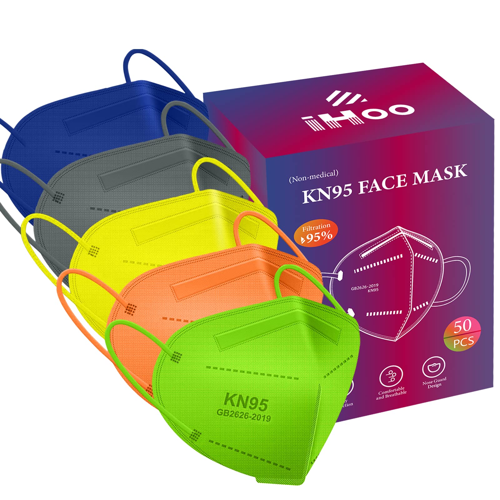 iHoo KN95 Face Mask 50 Pack, Multiple Colour 5-Plyers Protection KN95 Safety Masks Individually Wrapped, Filter Efficiency 95% for Adult Men Women, Color A