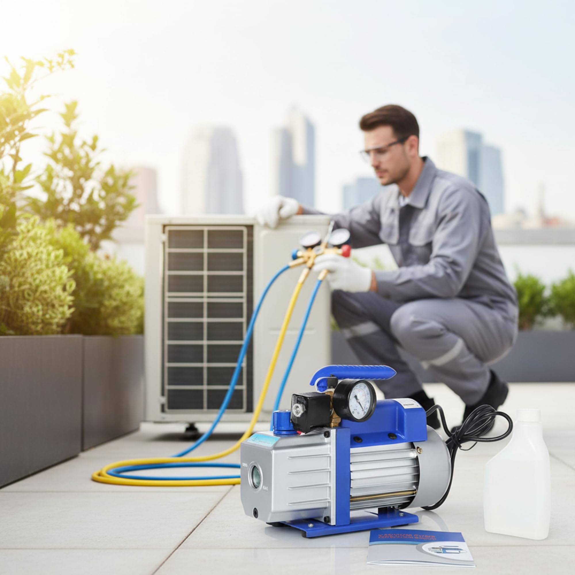 Mucola Vakuumpumpe 99 L/Min 250 Watt Aluminium 230V – Unterdruckpumpe mit Schauglas, Vakuum bis 5 Pa, Schlauchanschlüsse 1/4" und 3/8" SAE | für Klimaanlagen, Kältetechnik und Wärmepumpen Service