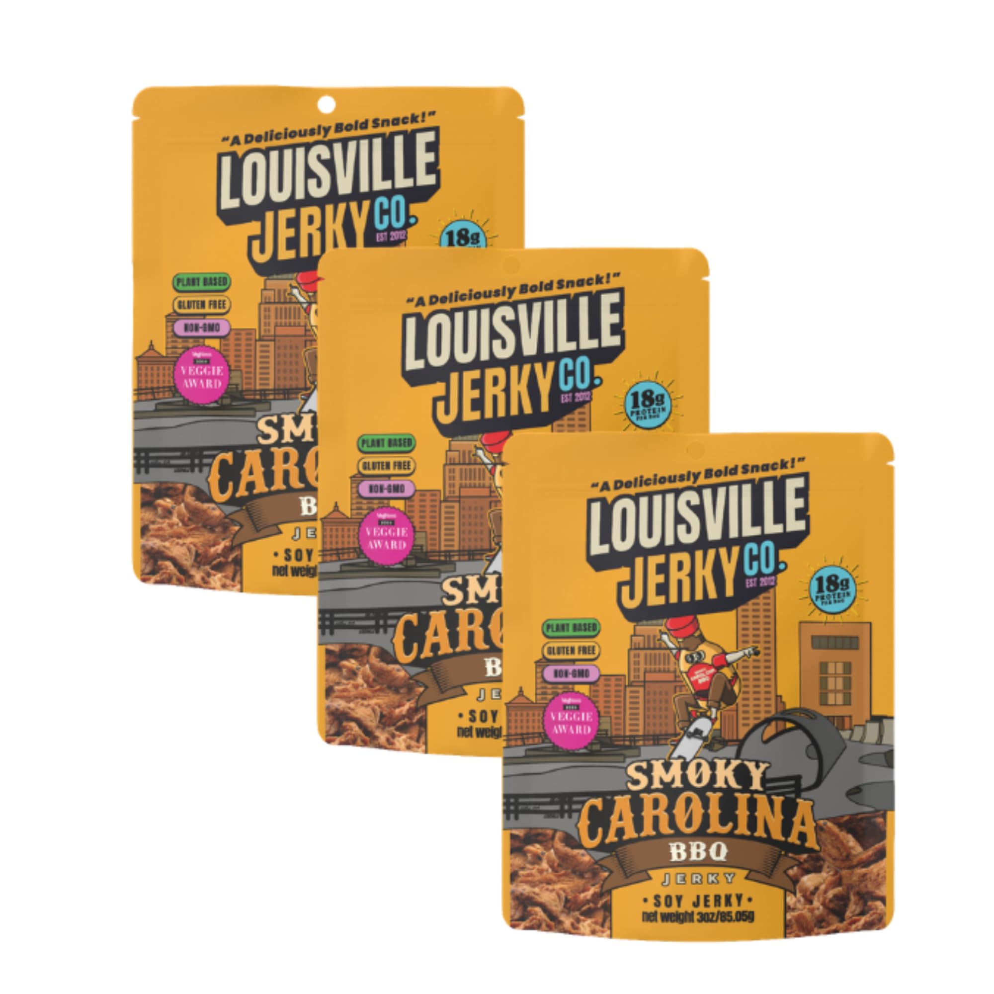 Louisville Jerky Co. Sweet & Smoky Carolina Mustard BBQ Vegan Jerky, Plant Based Protein Snack (3 Ounce, 3-Pack) – Smoky Southern BBQ Flavor, Gluten-Free, Vegetarian