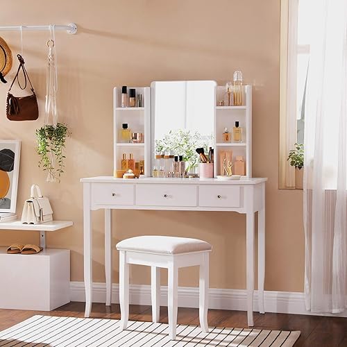 Miniatura 2 de VASAGLE Juego de tocador de maquillaje con espejo taburete acolchado para dormitorio 386 x 159 x 526 pulgadas color blanco