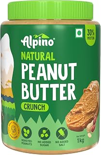 ALPINO Natural Peanut Butter Crunch 1kg - 100% Roasted Peanuts - 30g Protein, No Added Sugar & Salt, non-GMO, Gluten Free, Vegan – Plant Based, Unsweetened Peanut Butter Crunchy