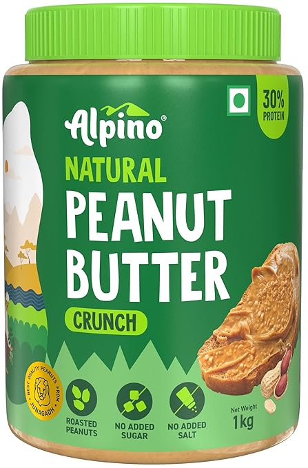 Alpino Natural Peanut Butter Crunch 1 KG | Unsweetened | 30% High Protein| Made with 100% Roasted Peanuts | No Added Sugar or Salt | No Hydrogenated Oils | Non GMO | Gluten Free | Vegan
