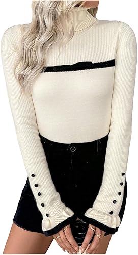 Verdusa Women's Turtleneck Sweater Long Sleeve Ribbed Knit Lightweight Thermal F
