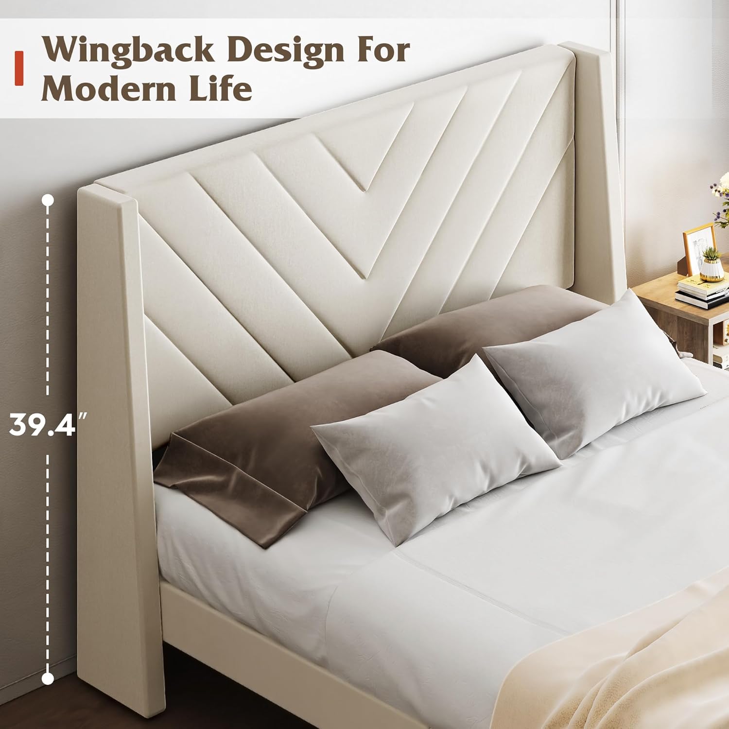 WLIVE Upholstered Bed Frame, Queen Bed Frame with Tufted Headboard, Platform Bed with Wing Side & Wood Slats, 1500LBS Mattress Foundation, No Box Spring Needed, Easy Assembly, Velvet Beige