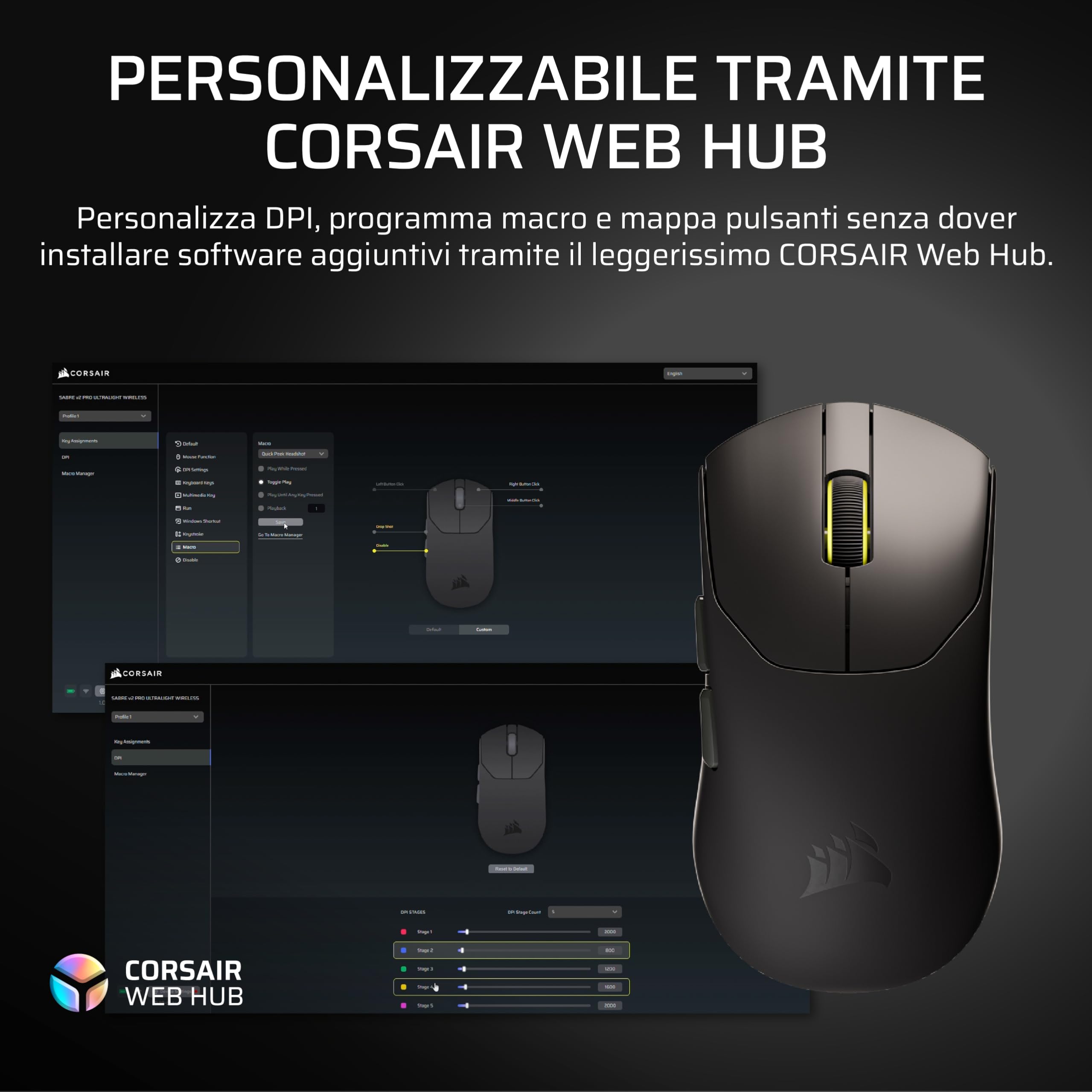 Corsair SABRE v2 PRO Ultraleggero Wireless FPS Mouse Gaming – Nero | 33.000 DPI, 36g di Peso, 8.000Hz Hyper-Polling, Interruttori Meccanici, Fino a 70 Ore di Durata della Batteria Wireless