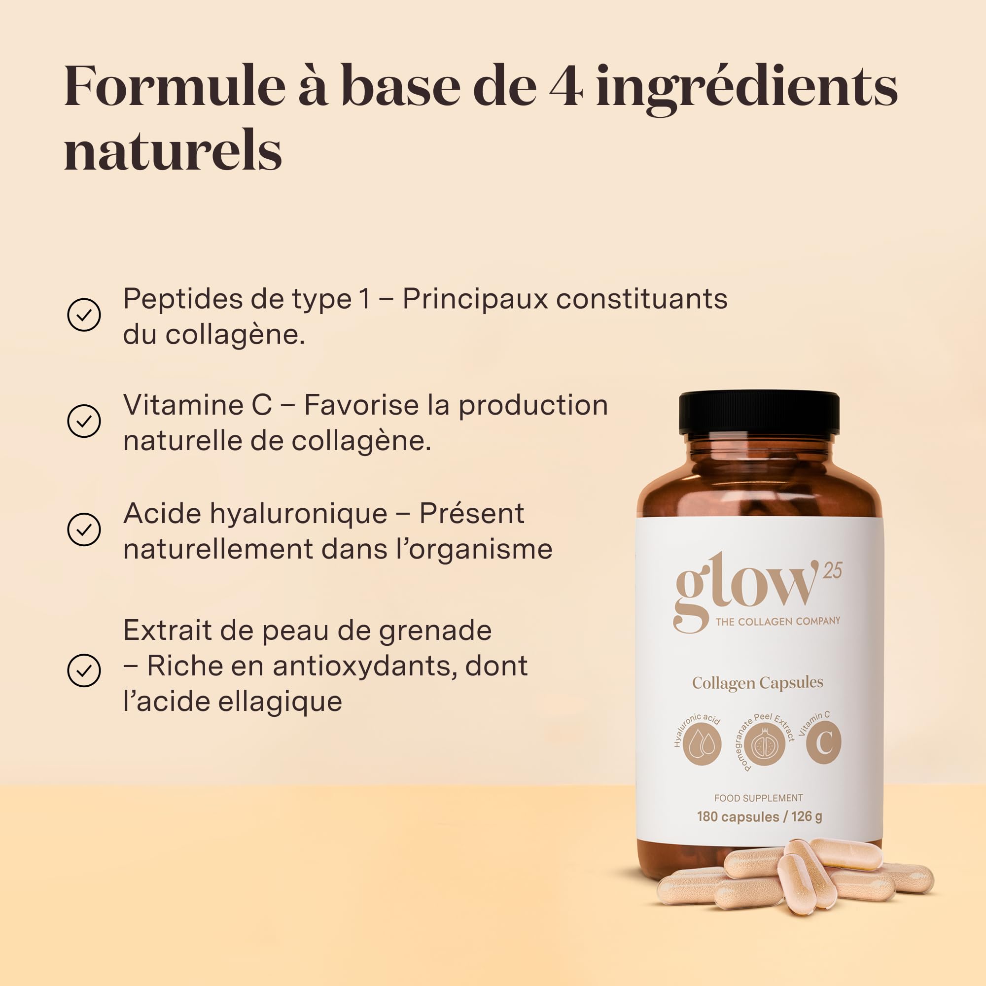 Glow25® Gélules de collagène 180 avec acide hyaluronique et vitamine C | Collagène hydrolysé de haute qualité avec acide hyaluronique et vitamine C, testé en laboratoire, fabriqué en Allemagne