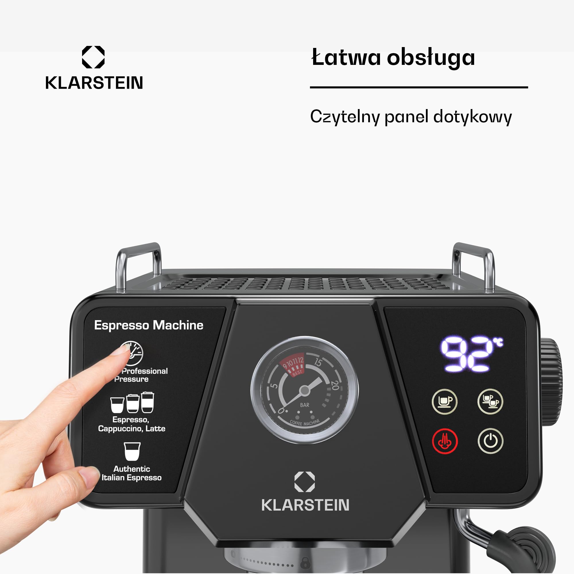 Klarstein Libeica ekspres ciśnieniowy z młynkiem – 19 Bar, 1.350 W, stal nierdzewna, zbiornik na wodę 1,8 l, dysza parowa, panel dotykowy, do espresso i kawy mielonej, zdejmowany zbiornik na wodę
