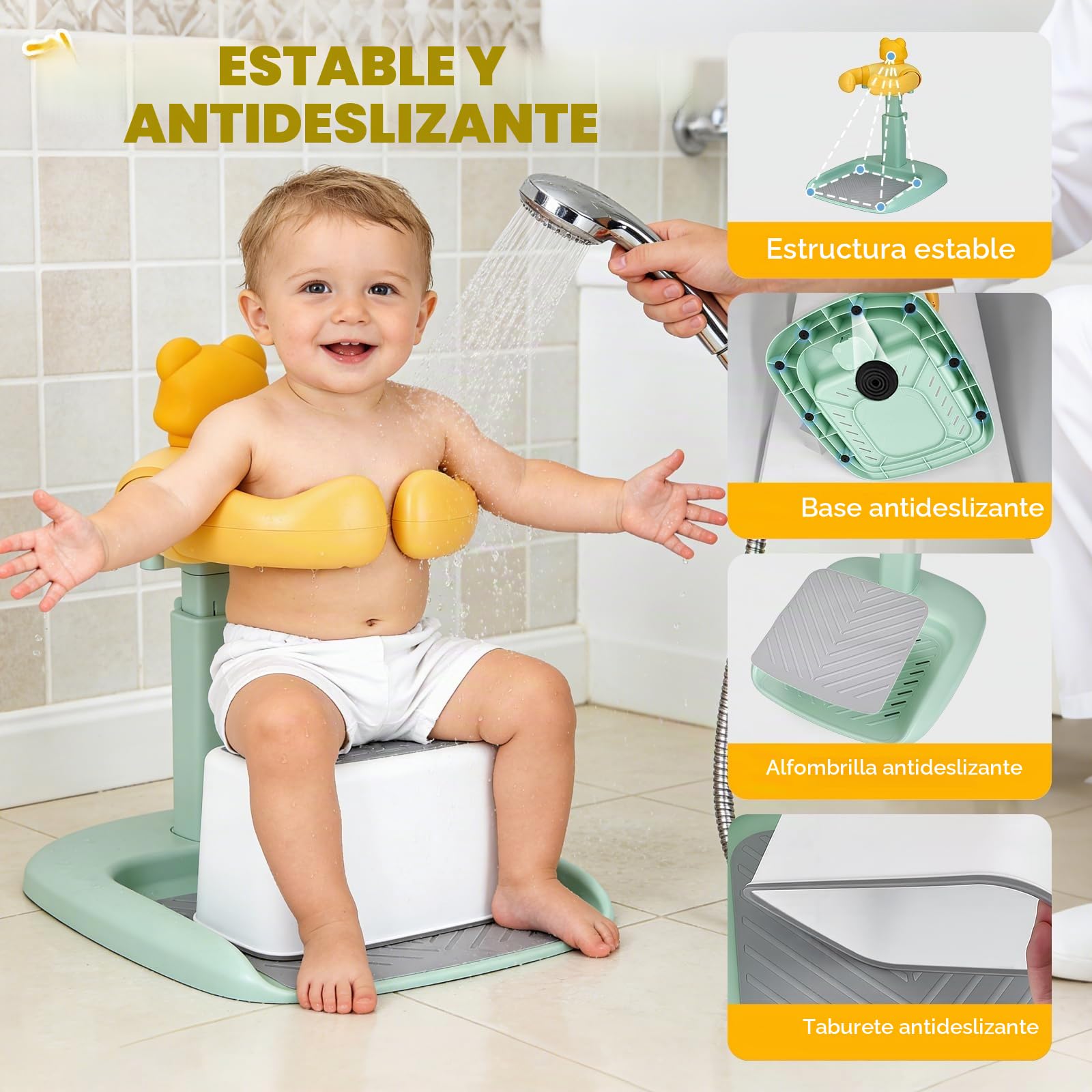 Soporte Ducha Bebé con Asiento, Ajustable y Antideslizante 6-36 Meses | ABS sin BPA, altura 47-62 cm, reposabrazos 17-27 cm, soporte para ducha, asiento y base antideslizante para baño y cuidado