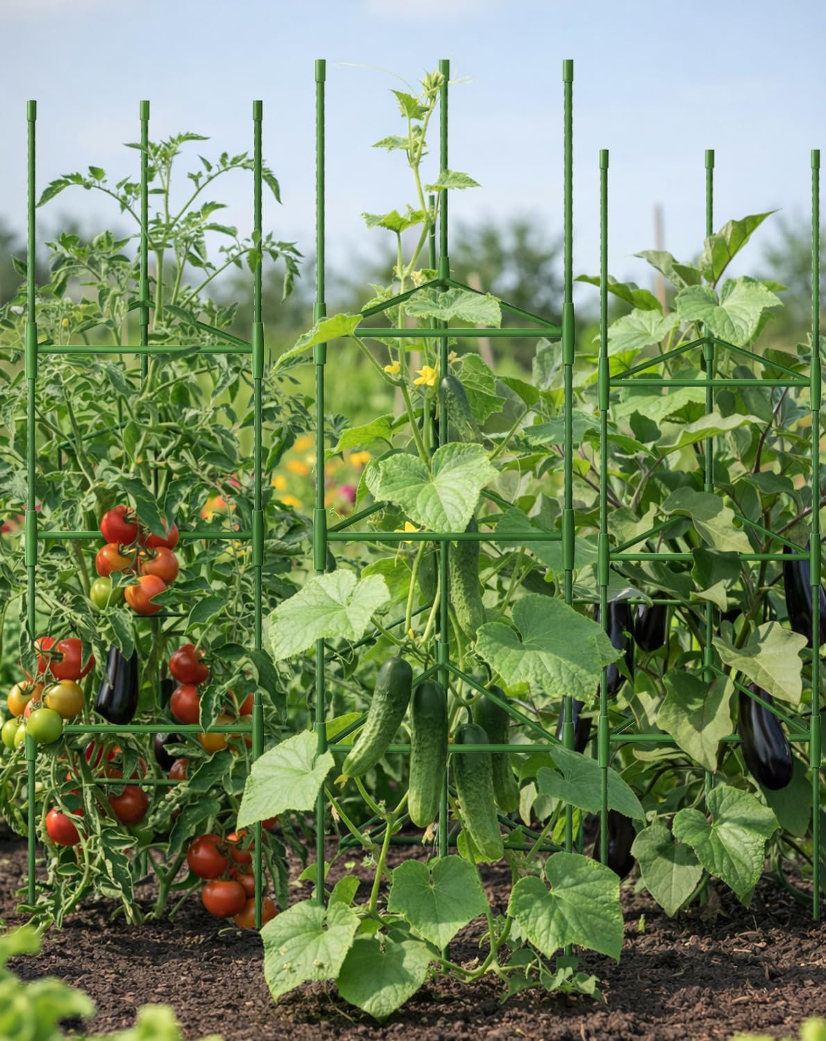 Growsun 51 inch Tomato Cage Heavy-Duty Plant Support Cucumber & Vine Vegetables – Adjustable Green Metal Garden Trellis for Climbing Plants, Indoor & Outdoor Use, 6 Pack