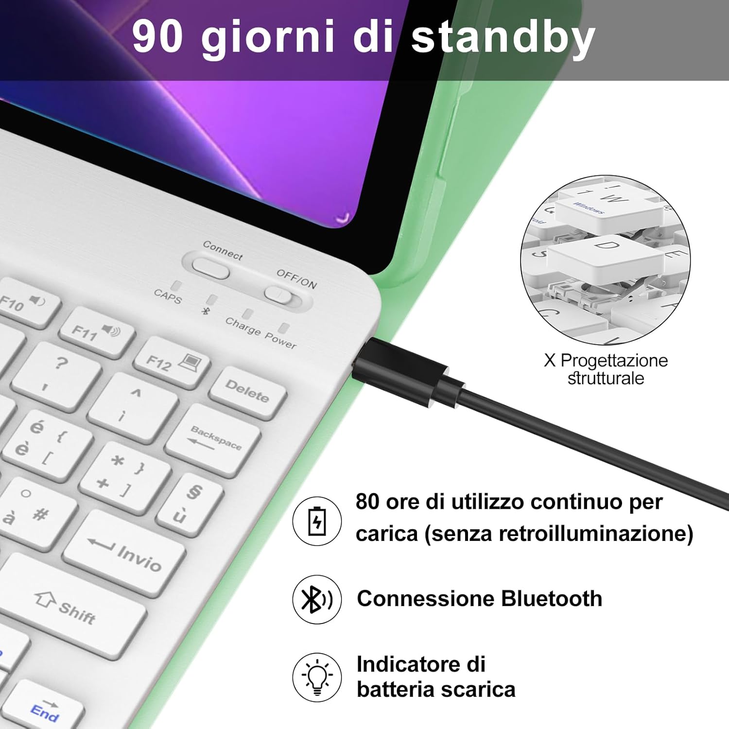 Image showing the keyboard's charging port and battery life details.