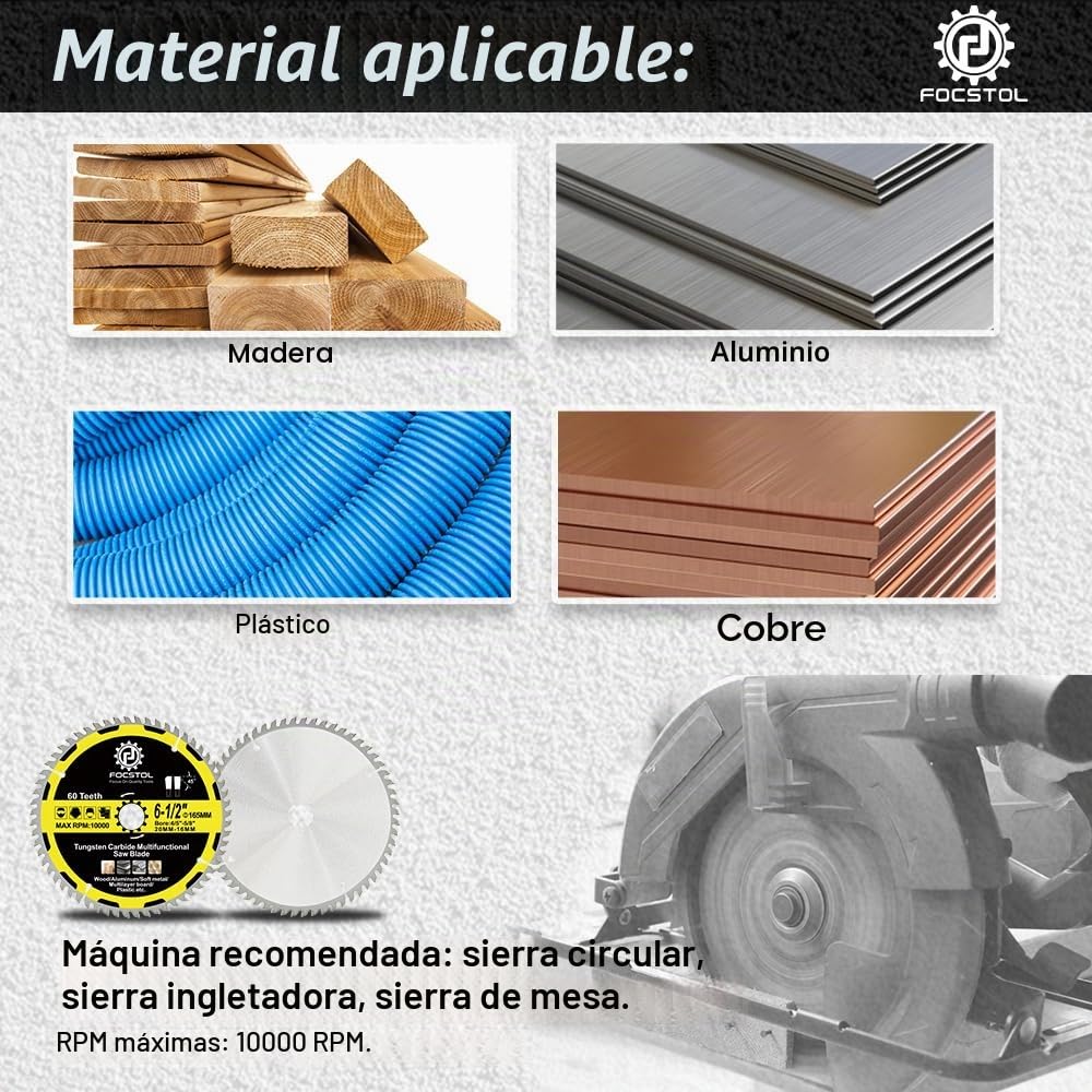 FOCSTOL Hoja Sierra Circular para Madera 165mm x 20/16mm - Disco para Corte Madera con 60 Dientes Para Plástico Aluminio Cobre