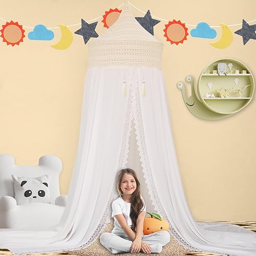 Daksha Toldo de cama blanco para niños con exquisito diseño de encaje, red para colgar, perfecto para decoración de habitación de niñas, cuna,