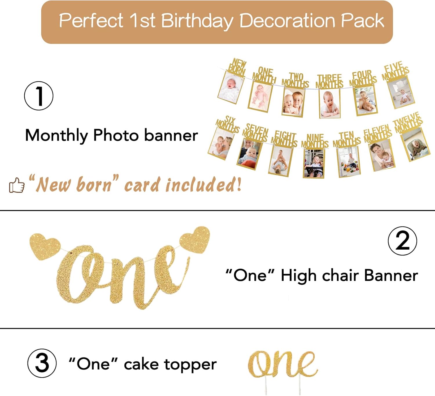 First Birthday Photo Banner Monthly Milestone Photograph Bunting Garland with First Birthday Cake Topper High Chair Banner 1st Birth Decorations