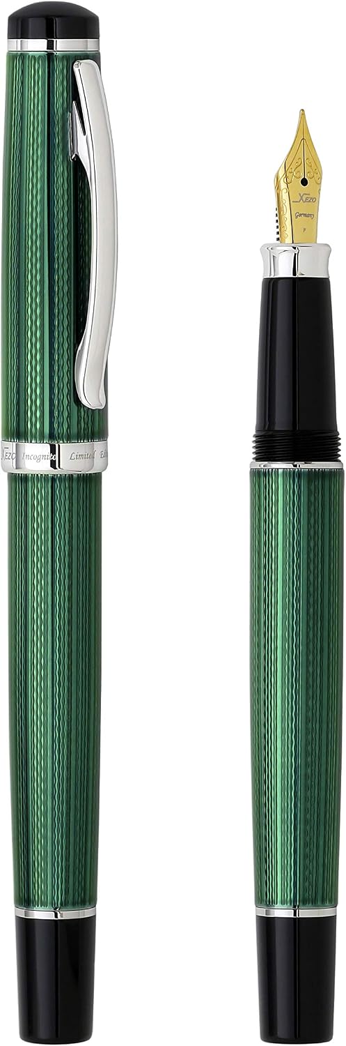 Xezo Incognito Fountain Pen, Fine Nib. Forest Green Layered Lacquer with Pure Platinum Plating. Handcrafted and Guilloche Engraved. Limited Edition, Serialized