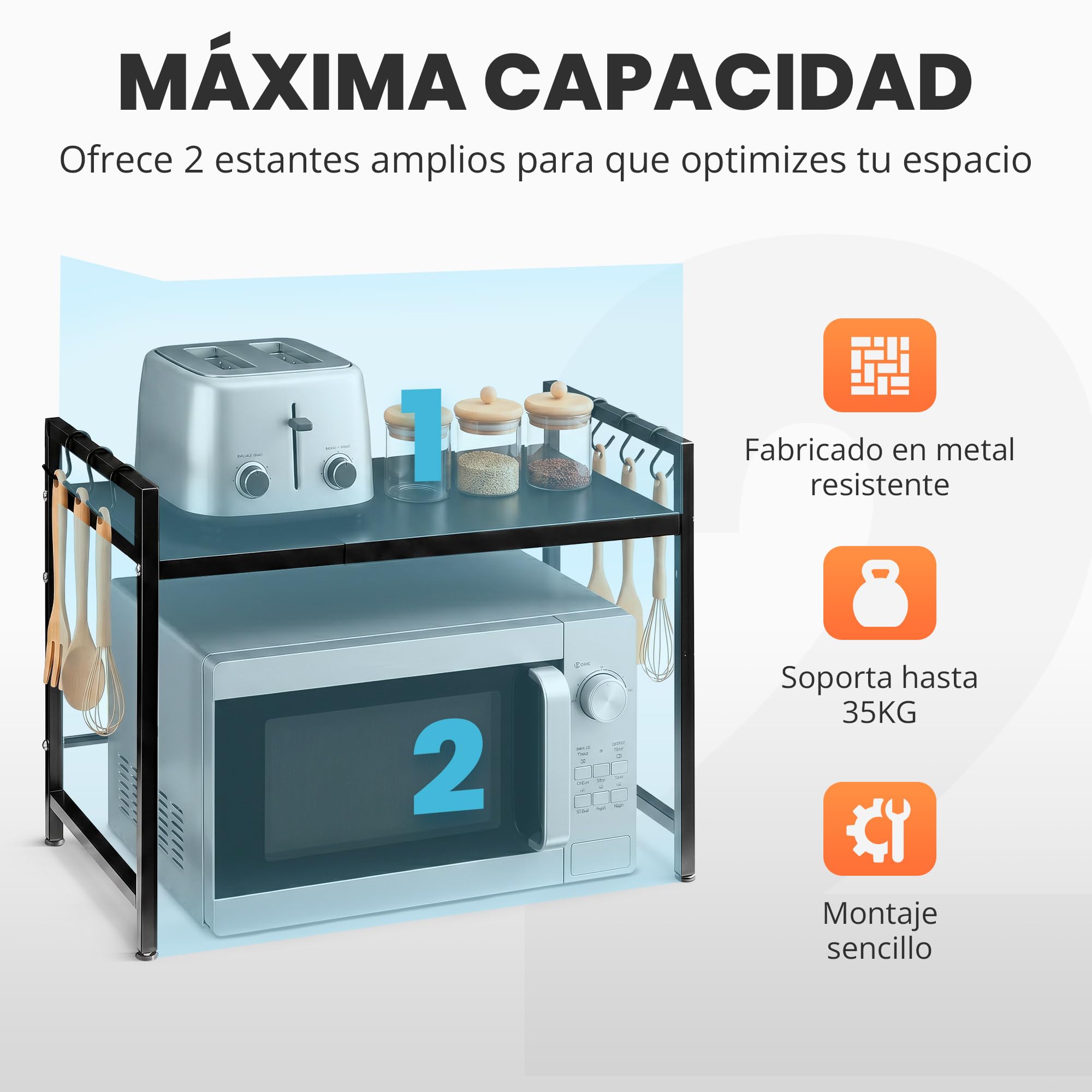 JUPPLIES Soporte Microondas Ajustable de Cocina | Estante Extensible Encimera para Microondas, Horno y Electrodomésticos | Mueble Organizador Cocina con Estantería Resistente y Fácil Montaje