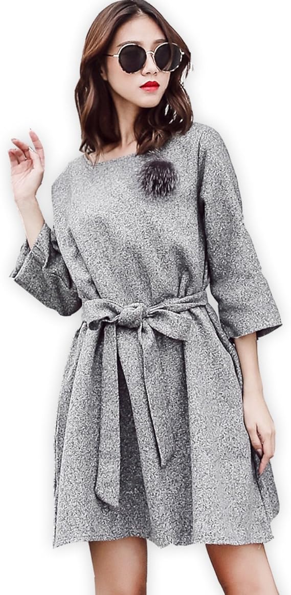 Amazon Co Jp ワンピース レディース 秋 冬 長袖 3点セット ファーブローチ ベルト付き きれいめ 大きいサイズ 17年 Mサイズ Lovetiara 服 ファッション小物