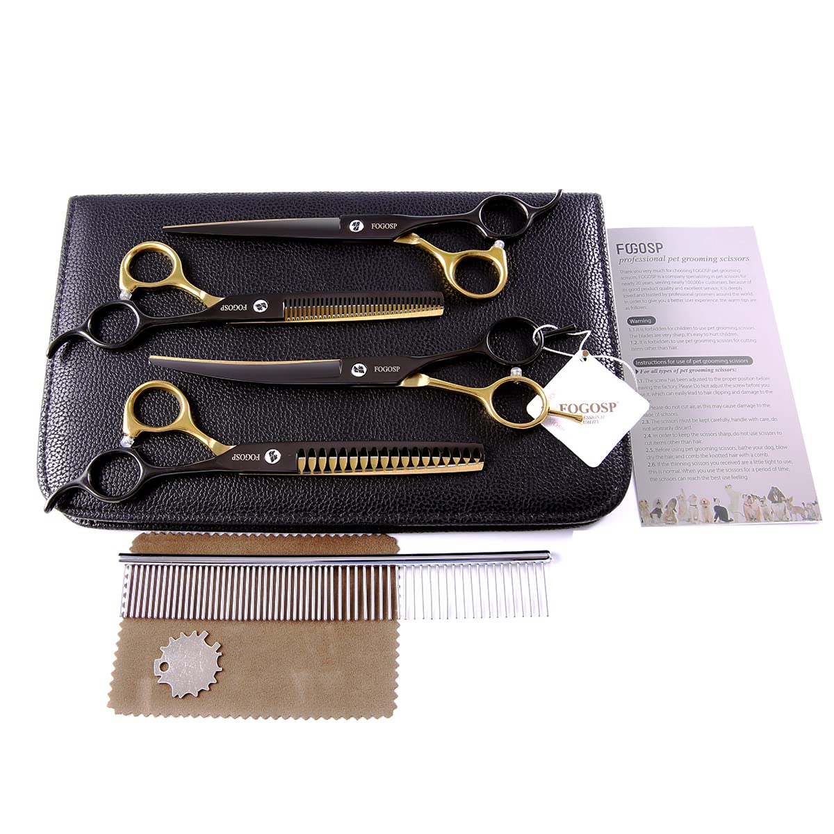 Hundepflegeschere-Set für kleine Hunde, schwarz und goldfarben, zweifarbige Mixerschere, gebogene Schere, gerade Schere, 4-teiliges Set (schwarz und goldfarben, Kit)