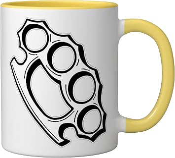 Brass Knuckles Blackwork Ceramic Mug, Yellow/White