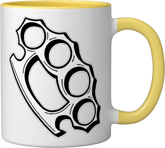 Brass Knuckles Blackwork Ceramic Mug, Yellow/White