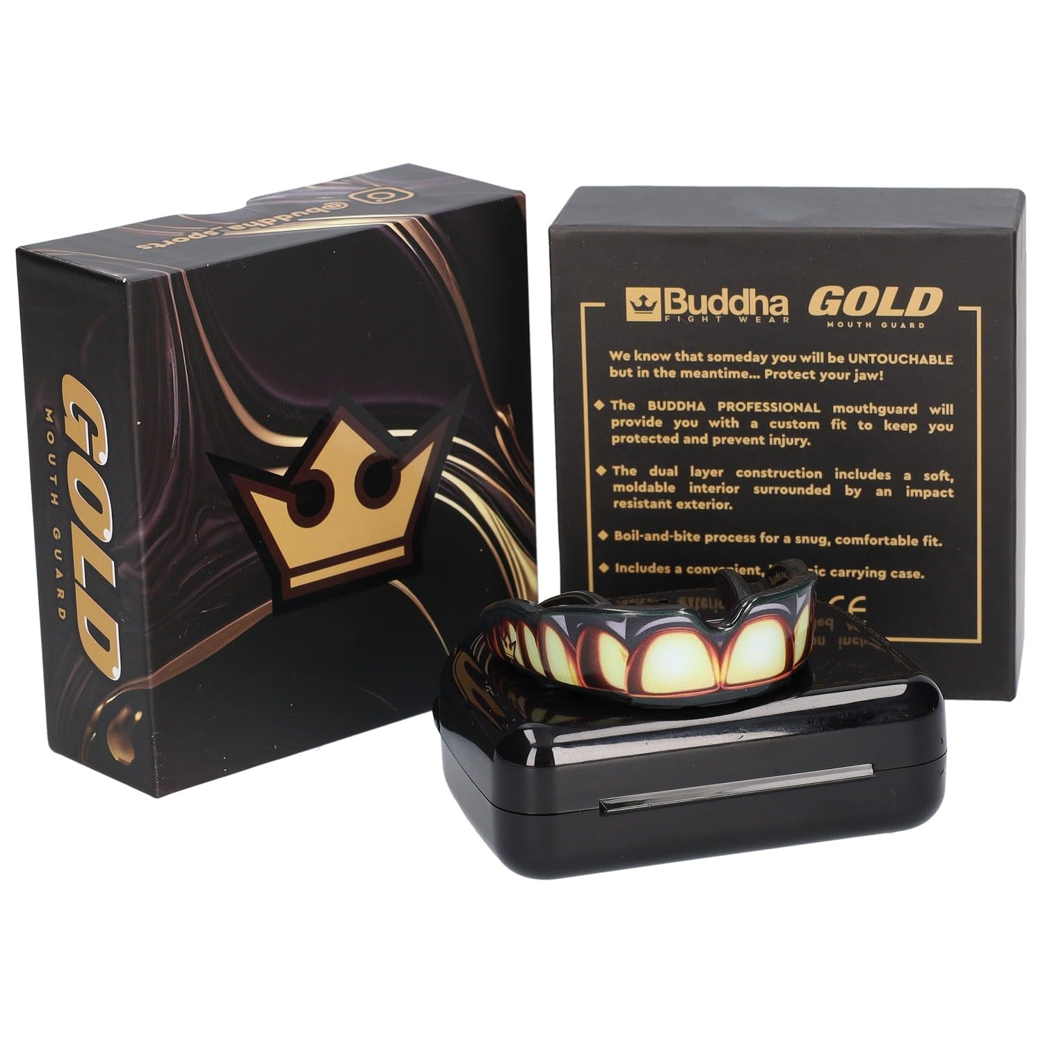 BUDDHA FIGHT WEAR Protège-dents premium adultes et enfants à partir de 12 ans pour tous les sports de contact, y compris le rugby, le MMA, le kickboxing, le judo, le hockey et la boxe (noir-or)