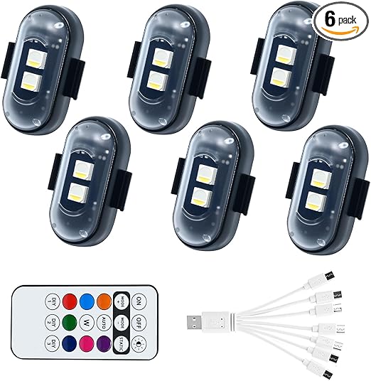 6PCS Wireless LED Lights for Car with Remote Control, High Brightness Wireless LED Strobe Light 8 Colors USB Charge IP65 Waterproof Anti-Collision for Car Motorcycle Aircraft Bike (6)
