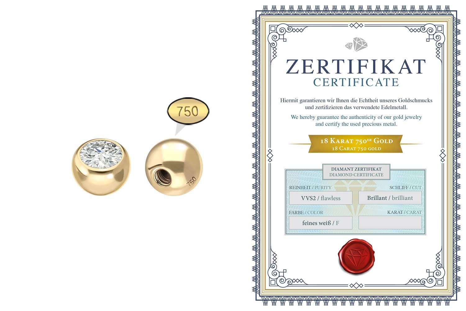 PIERCINGLINE 18 Karat Gold Schraubkugel DIAMANT Piercing Kugel Aufsatz Ersatz Größenauswahl