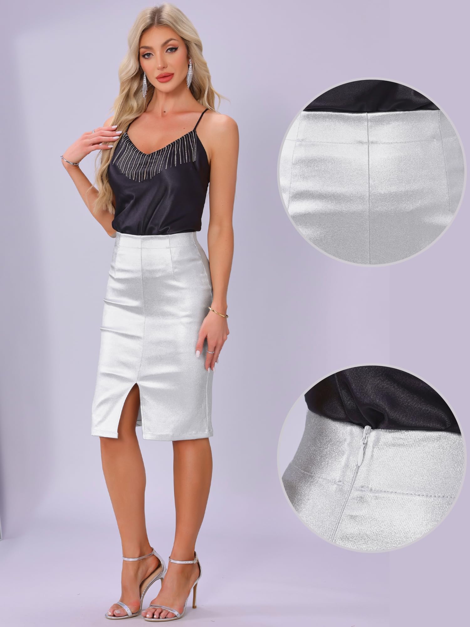 Allegra K Falda midi metálica para fiesta de mujer, cintura alta, brillante, falda de tubo entallada