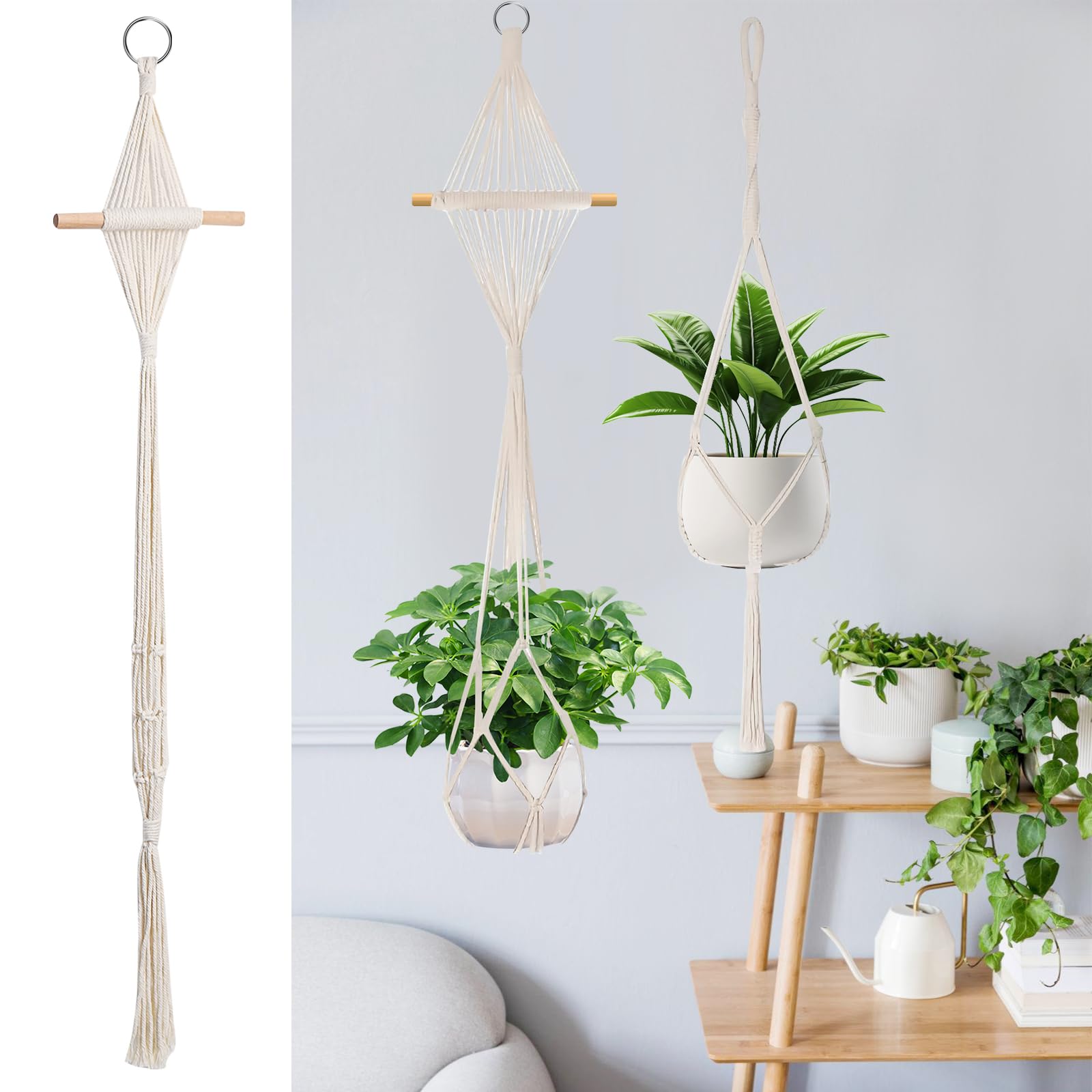 Set Di 2 Fioriere In Macramè Con Corda Di Cotone E Ganci Metallo, 50 Cm, Per Interni/esterni - 5