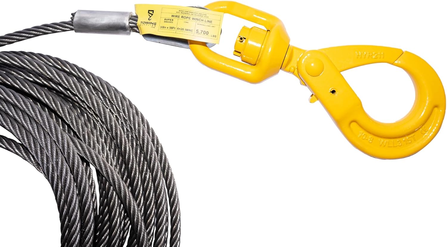 Winch Cable, 50FT | 3/8" Steel Core with Self Locking Swivel Hook for Wrecker, Tow Truck, Rollback, Crane, Century, Jerrdan and More!