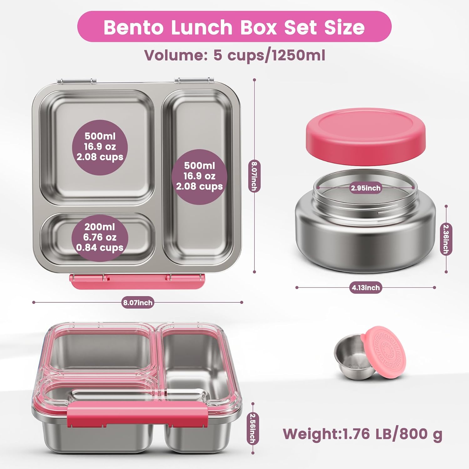 Stainless Steel Bento Box Kids Adult with 7oz Soup Thermo, Transparent Lid 3 Compartments Metal Bento Lunch Box with Insulated Food Jar,Lunch Box Container Sauce Cup for School,BPA-Free(Pink) - Image 5