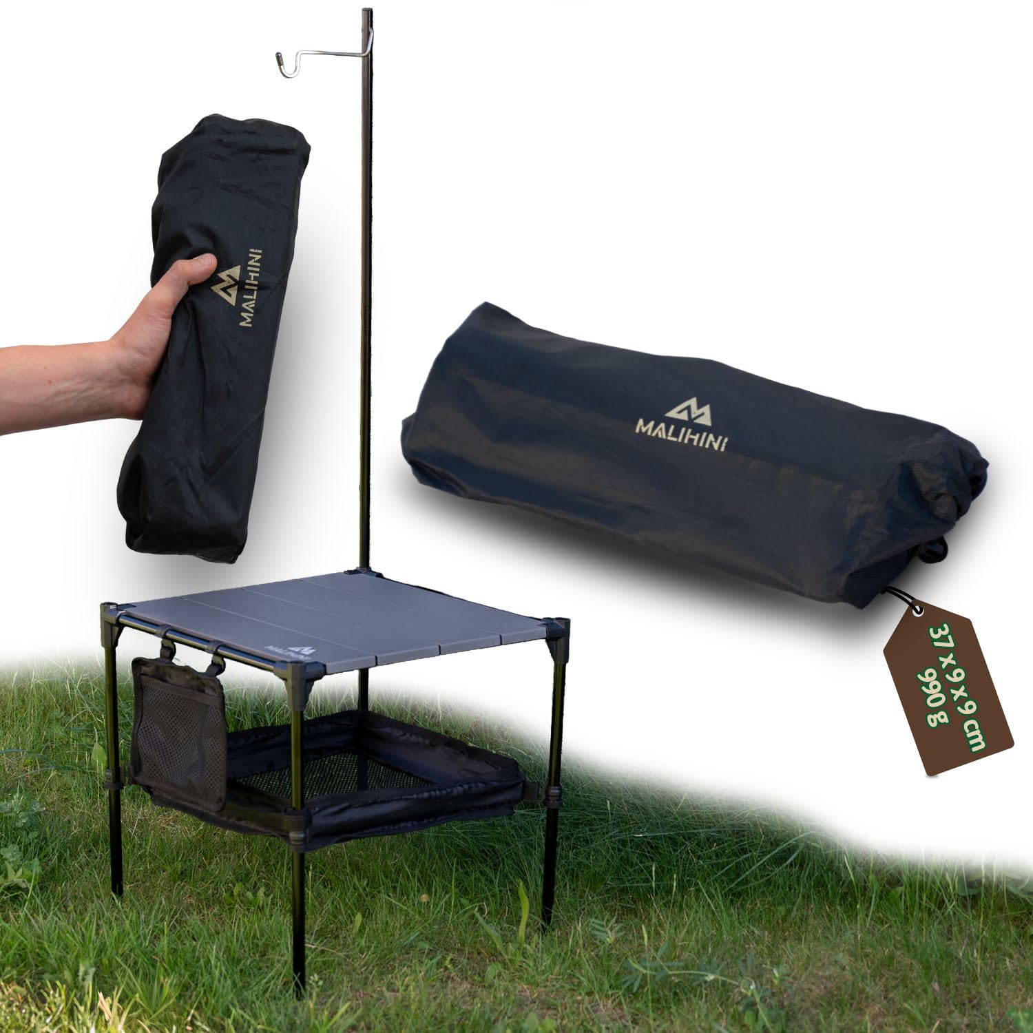 MALIHINI MALITABLE - Tavolo da campeggio pieghevole, con asta per lampada, ripiano e borsa, piccolo e compatto, 37 × 9 × 9 cm, in alluminio, 25 kg, per esterni e moto