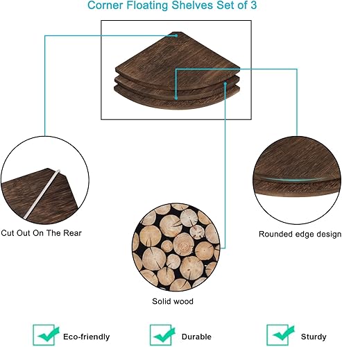 Miniatura 6 de Estantes Joiishom 3, rústicos de madera para esquina de pared, 10x10x0.7 pulgadas, capacidad de 42 libras