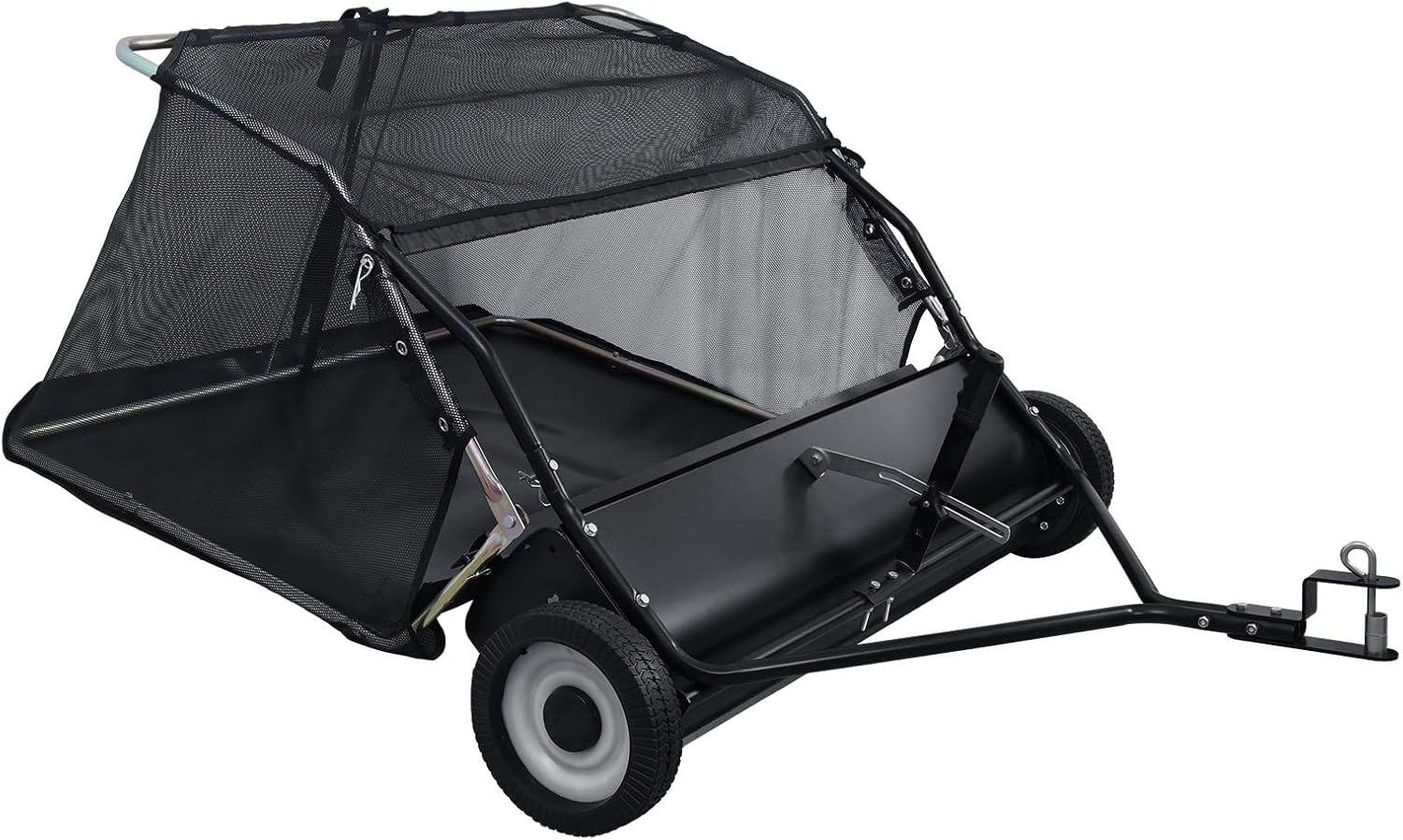 44" Tow Behind Lawn Sweeper, Pull Behind Lawn Sweeper, Large Capacity Leaf Grass Collector with Dumping Rope Rubber Wheels, Adjustable Sweeping Height Black 44