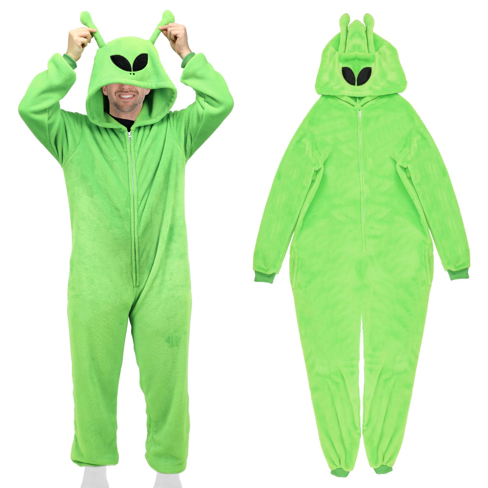 Adult Saucerman Onesie Costume, Green Toothless Pyjamas Jumpsuit, Halloween Pajamas Hooded Outfits for Dress Up Party