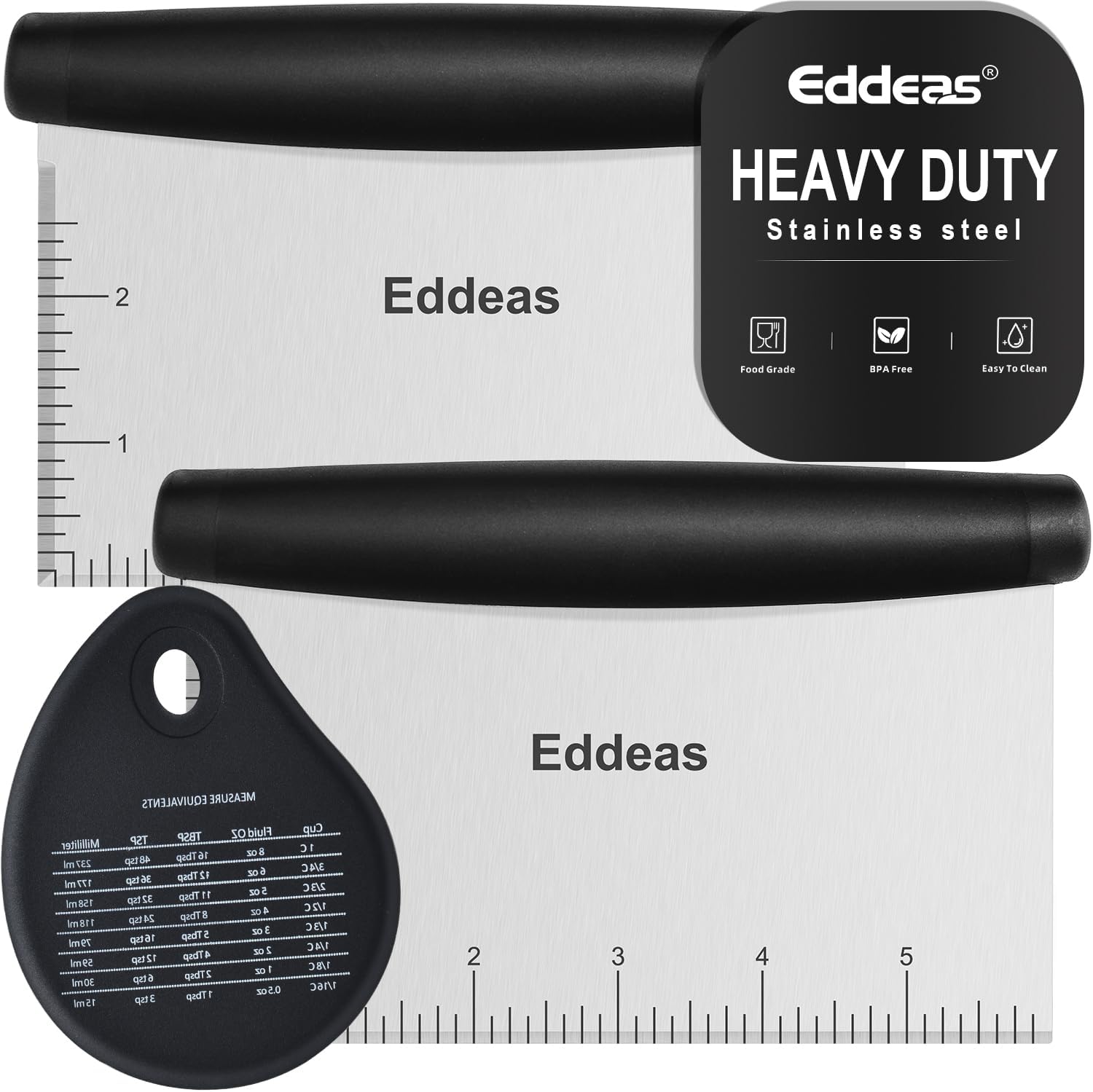 Eddeas 3 Pack Dough Pastry Bench Scraper & Bowl Scraper set, Multi-Purpose Multi-Purpose Scraper Chopper with Silicone Bowl Scraper, dough scraper Engraved Measuring Scale and Conversion Chart