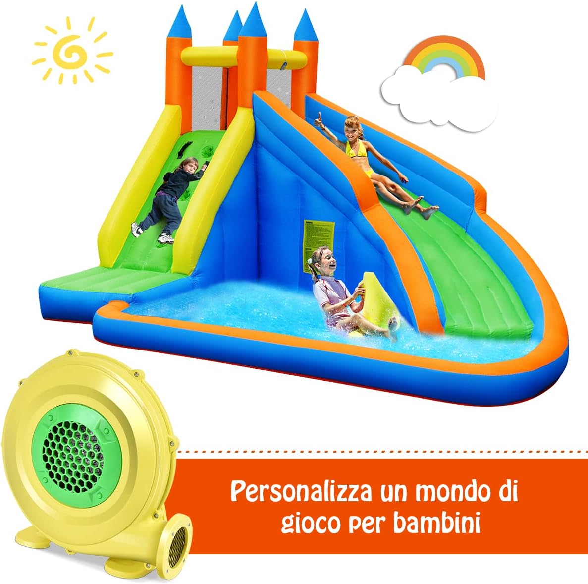 DPThouse Bounce House Blower 735 Watt 1.0HP for Inflatable Bounce House Bouncy Castle, Yellow+Green, Small