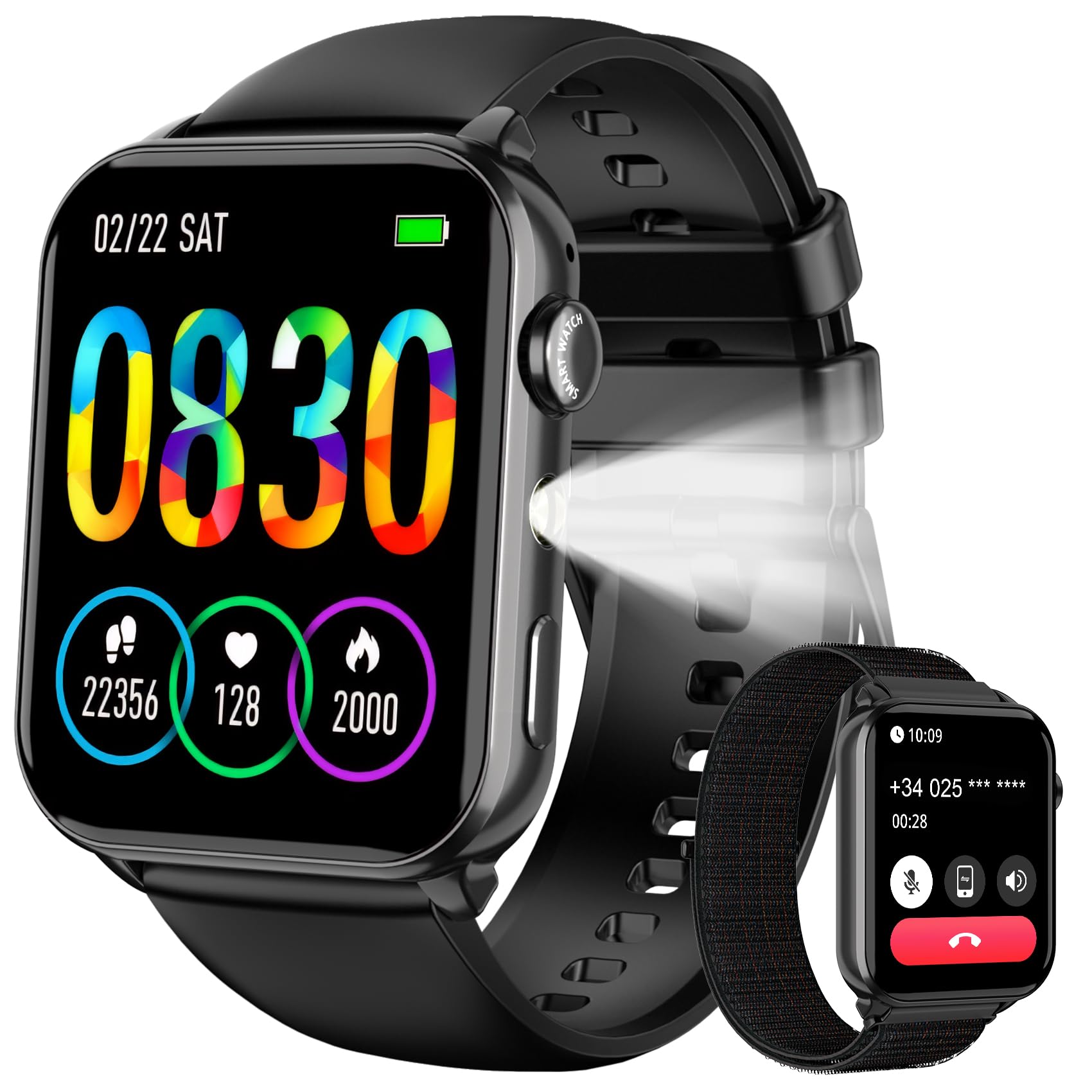 Baolubao Smartwatch Uomo Donna, Orologio Smartwatch con LED Torcia, Orologio Intelligente Fitness con Chiamate Bluetooth, Notifiche, Contapassi, Sonno, 2 Cinturini, Smart Watch per Android iOS