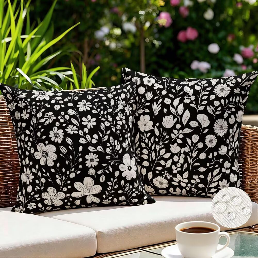 Federe Cuscini da Esterno Impermeabili 65x65 Bianco e Nero Copri Cuscini per Divano Floreale Federa Cuscino Primavera Decorativi Copricuscini per Divano Giardino Patio Soggiorno Set di 2 (IU197)