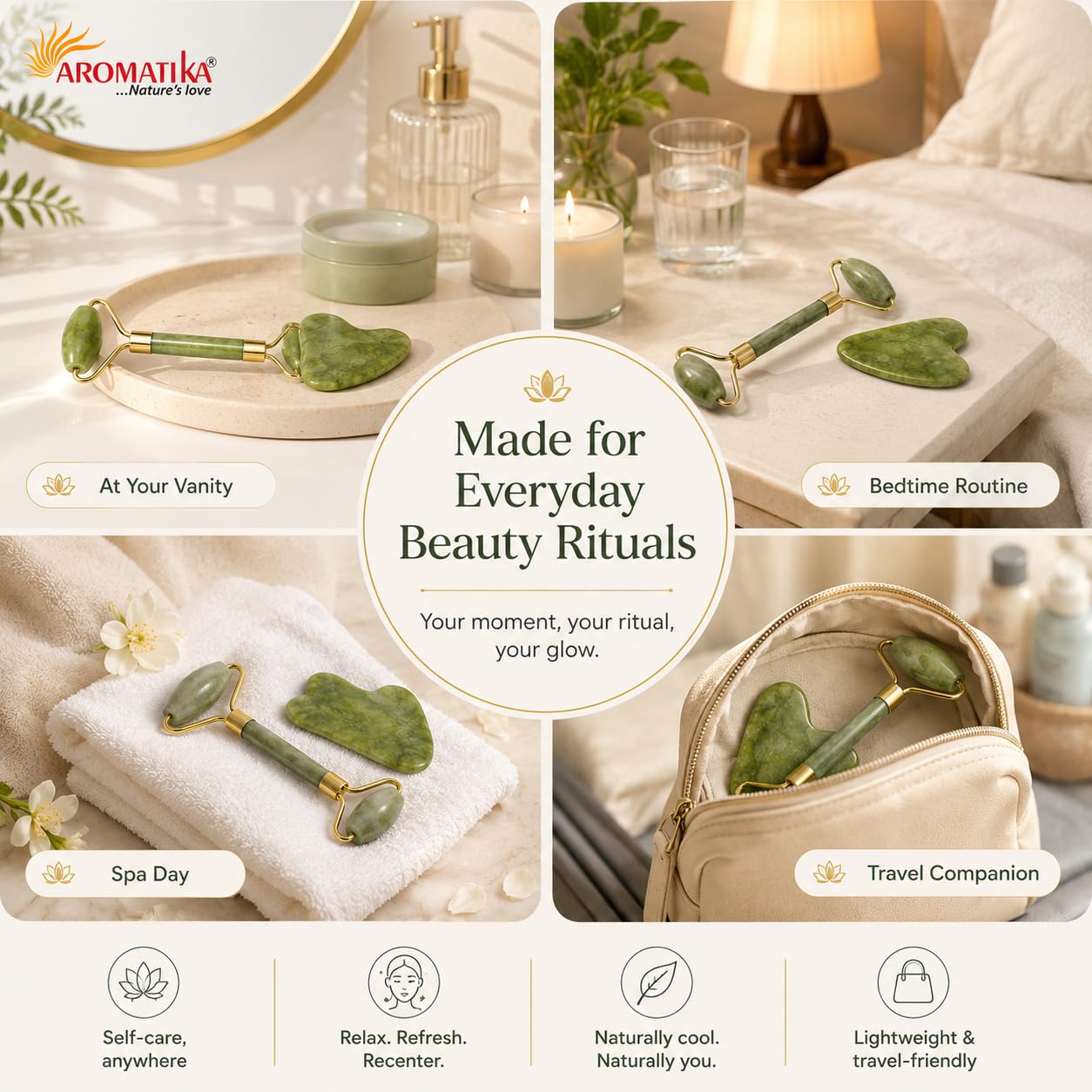 Aromatika Jade Roller & Gua Sha Set – Natural Himalayan Green Jade Facial Massage Tools for Face, Neck & Eyes – Cooling Skin Care, Reduce Puffiness & Support Relaxation 4