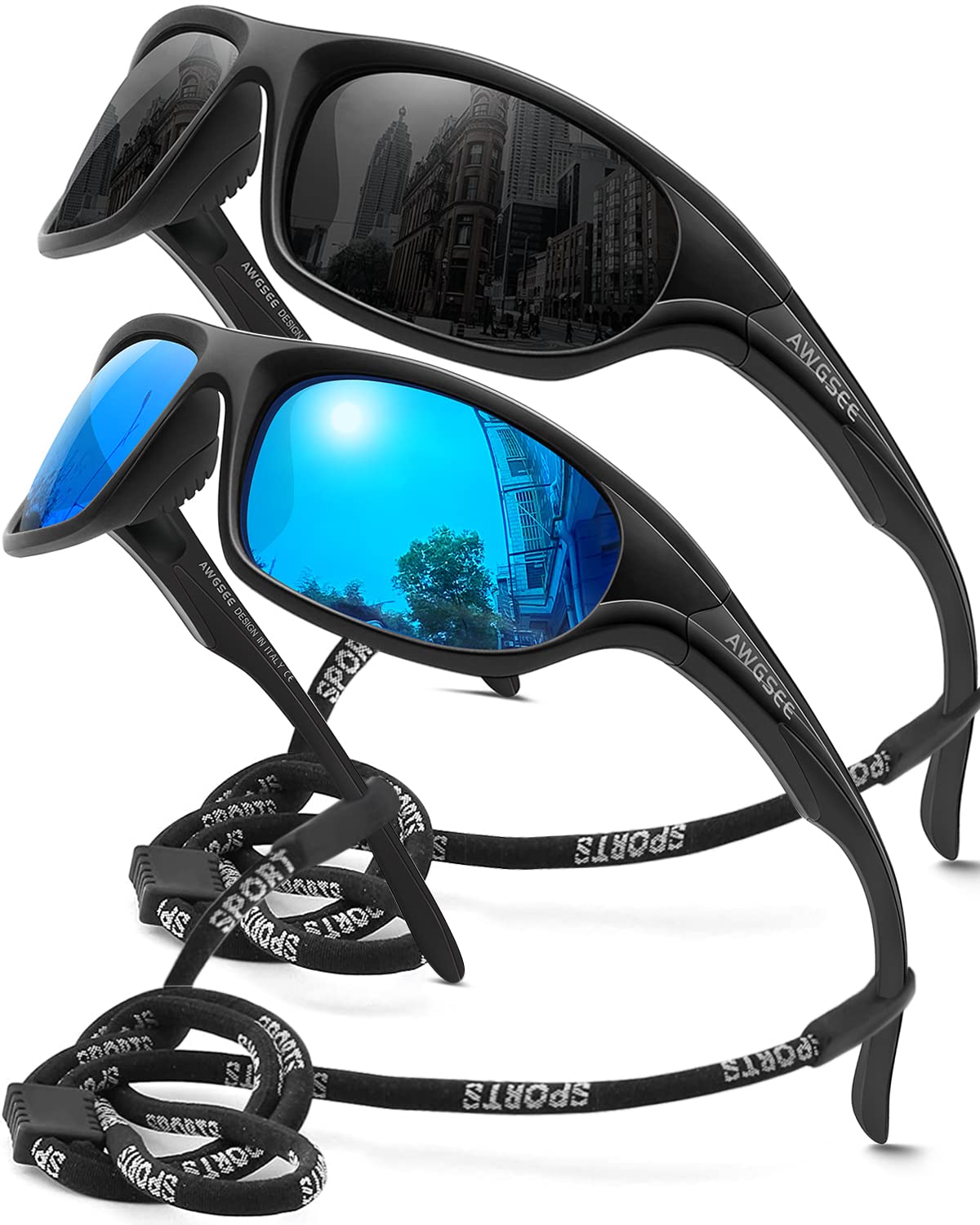 Polarisierte Sport-Sonnenbrille für Herren, Radfahren, Fahren, Angeln, TR90, unzerbrechlicher Rahmen, 100 % UV-Schutz, 2 Stück, Schwarz + Hellblau, Größe M, 2er-Pack, Schwarz + Hellblau, M