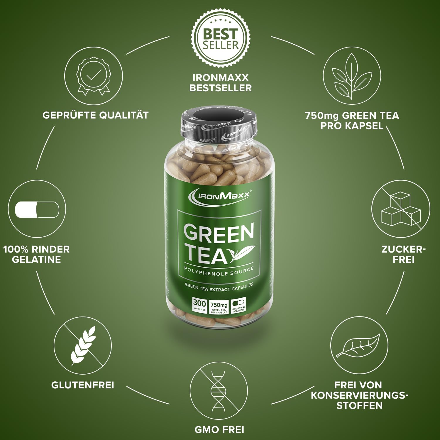 IronMaxx Green Tea - 300 Kapseln, Grüntee-Extrakt mit 339mg Epigallocatechin-3-Gallat und 180mg Koffein pro Tagesdosis, Unterstützend in Diatphäsen