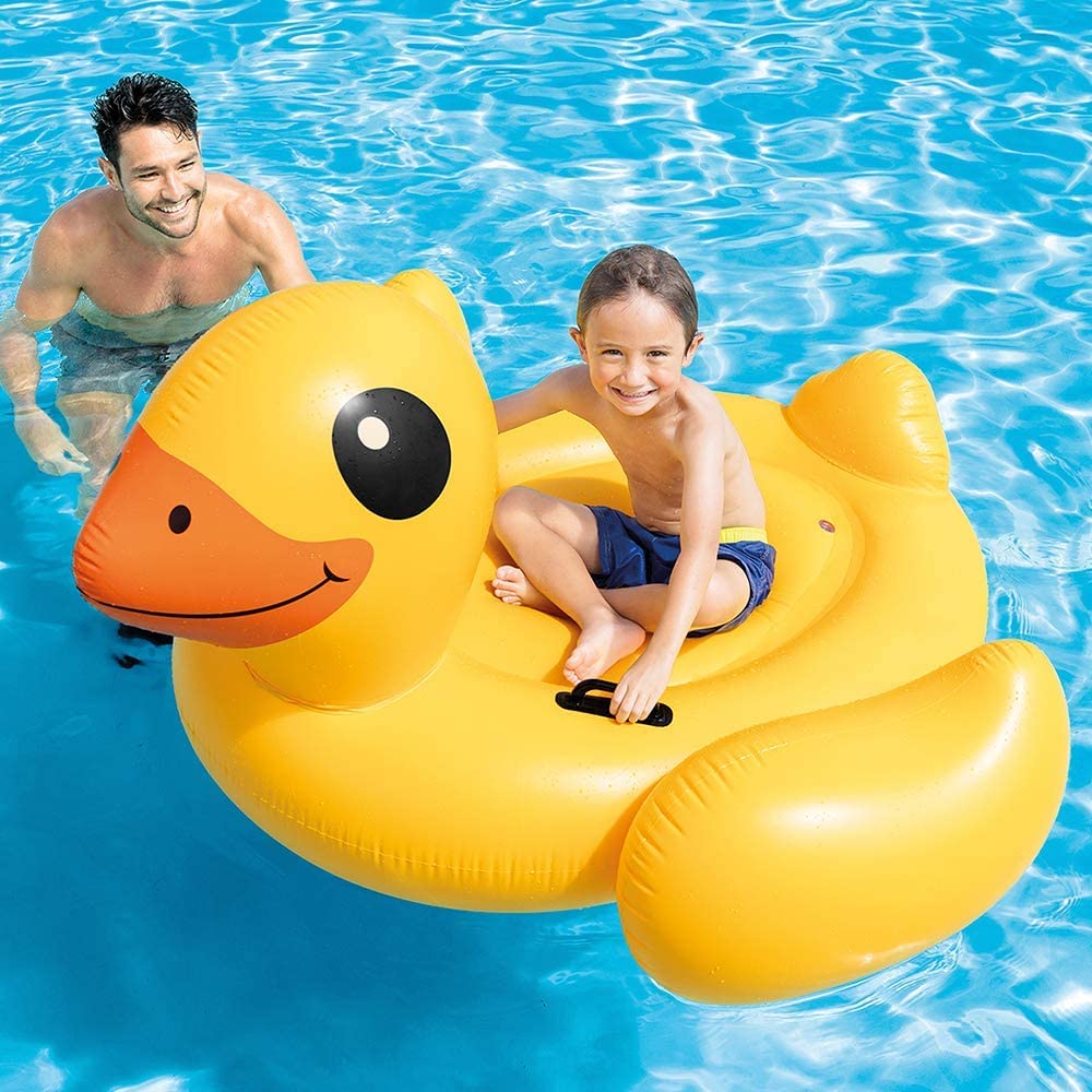 Intex 57556 57556NP Schwimmtier Gelbe Ente, Gelb/Bunt, Pequeño & 57558NP Reittier Flamingo Spielzeug, 147 x 140 x 94 cm