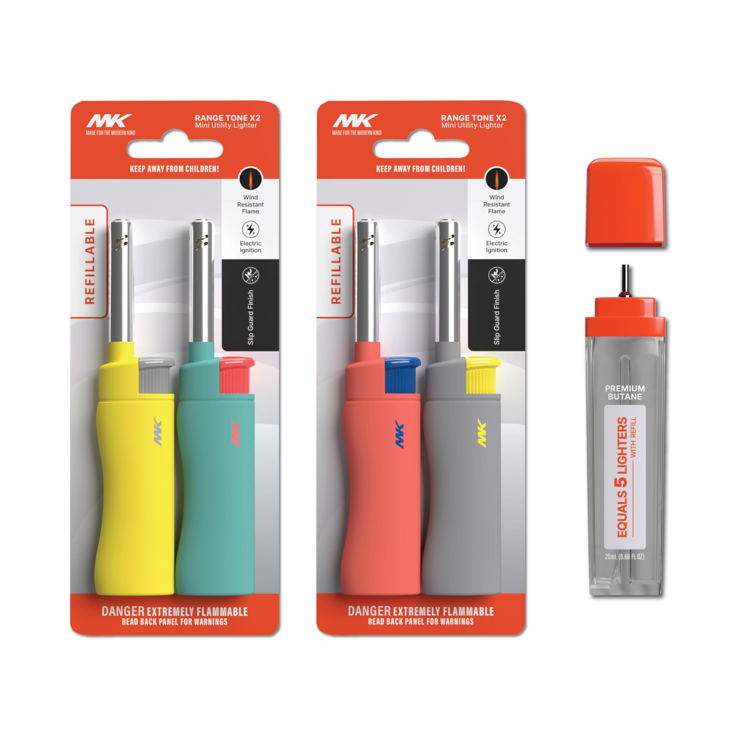 MKMK Lighter 4PCS Candle Lighters With 1PC Premium Butane Set, Random Colors, Windproof Flame, Ideal for Candle, BBQ, Refillable (Tone-4PC+1Butane)