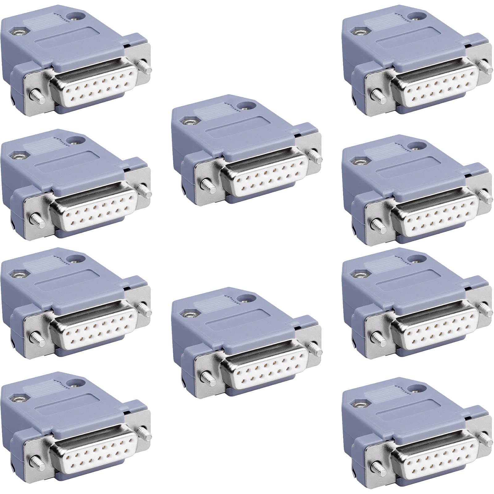 Jienk10PCS DB15 Female RS232 D-SUB Serial Solder Cup Connectors Kit, Gold Plated Joints RS232 Serial Solder Type Port 15 Pin D Sub Couplers with Plastic Hoods, Strain Relief Grommet and Screws