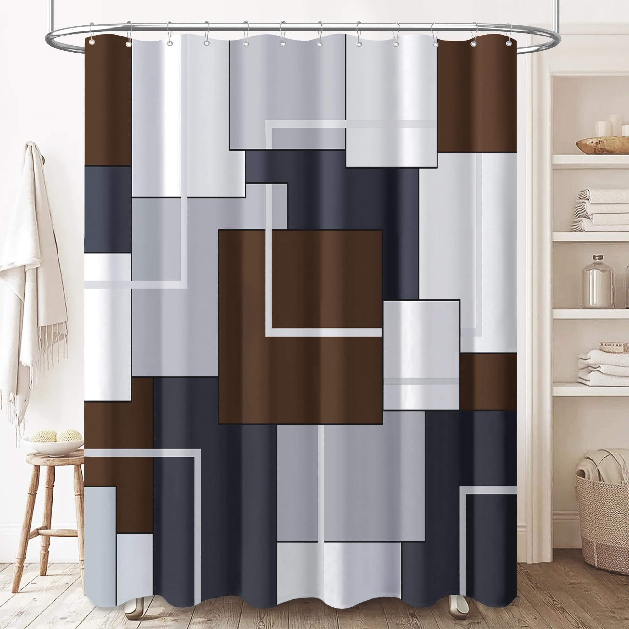 BTTN Extra Long Shower Curtain - 72 x 84 Inch Long Geometric Decorative Fabric Shower Curtain Set with 12 Plastic Hook, Water Repellent, Large Hotel