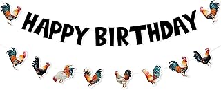 JOYMEMO Rooster Birthday Decorations, Happy Birthday Rooster Banner and Chicken Theme Banner, Chicken Farm Backyard Theme Party Supplies