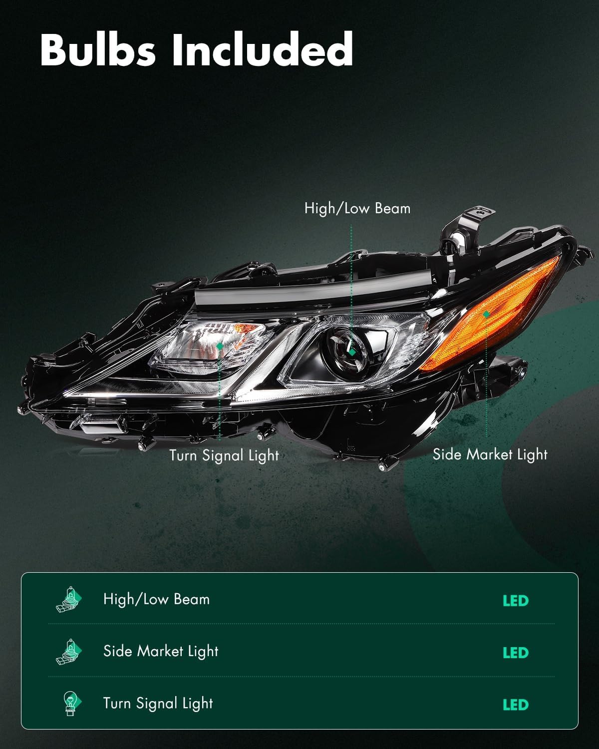 SCITOO LED Headlight Assembly Fit 2018-2022 for Toyota Camry SE Black Housing Amber Reflector Pair Headlights 81150-06C20