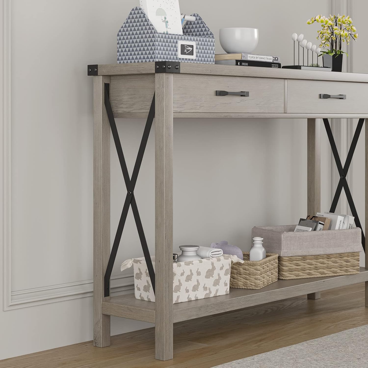Mesa Consola Recibidor, Mueble de Entrada Estrecha con 2 Cajones,4 Cantoneras de Metal, Diseño único en Forma de X,109 x 30.5X 76 cm, Consola para la Entrada, el Salón, el Pasillo (Gris)